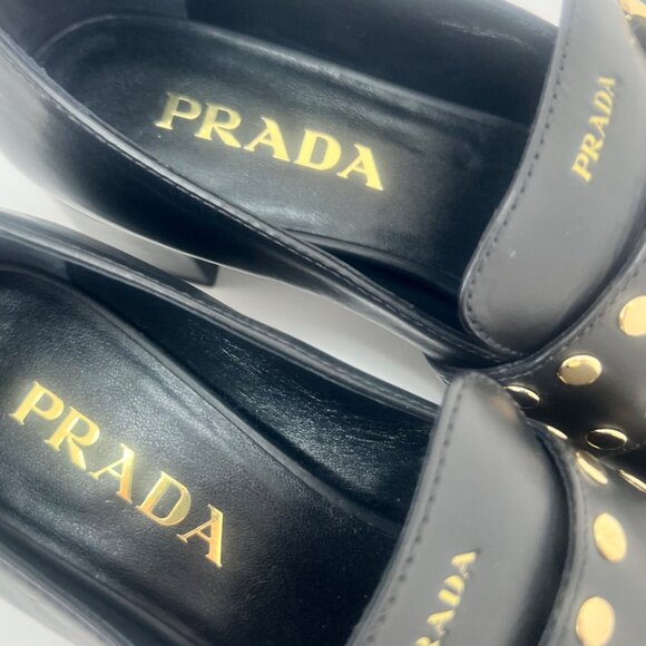 Prada Studded Spazzolato Stud Women Leather Loafers Pumps Size 36.5 - Picture 7 of 16